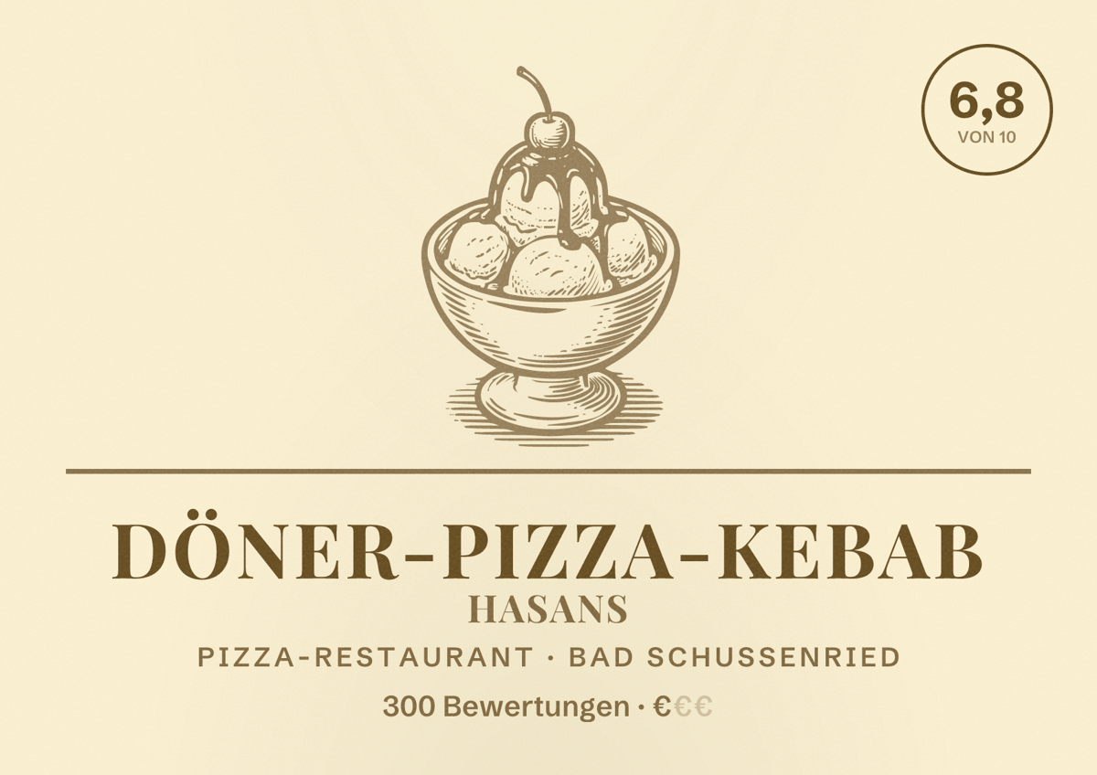 Illustriertes Poster von Döner-Pizza-Kebab Hasans, Pizza-Restaurant in Bad Schussenried: Bewertung 6,8 von 10 aus 300 Bewertungen, Preisniveau €