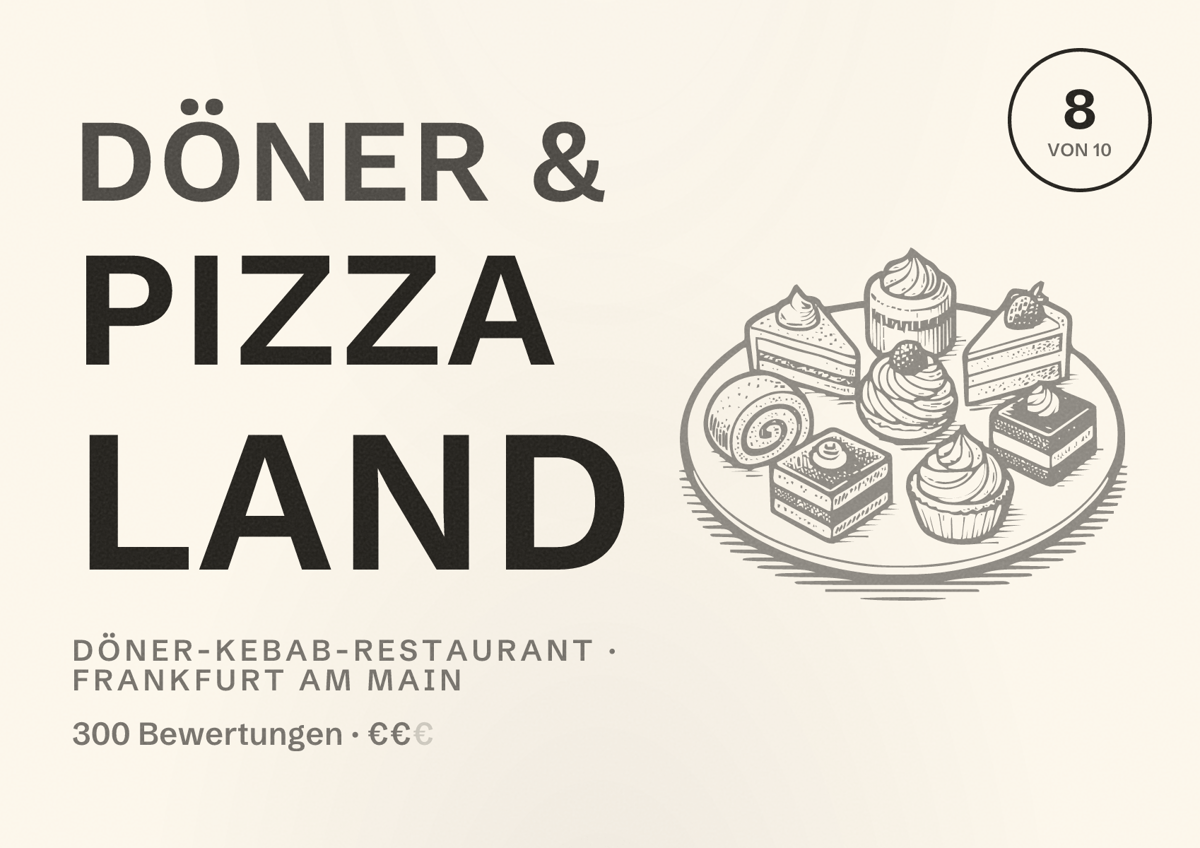 Illustriertes Poster von Döner & Pizza Land, Döner-Kebab-Restaurant in Frankfurt am Main: Bewertung 8,0 von 10 aus 300 Bewertungen, Preisniveau €€