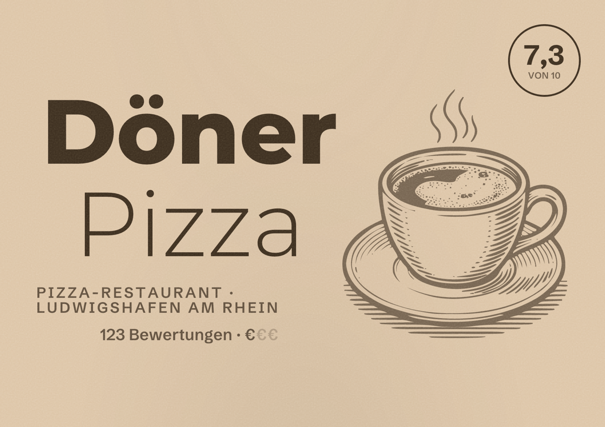 Illustriertes Poster von Döner Pizza, Pizza-Restaurant in Ludwigshafen am Rhein: Bewertung 7,3 von 10 aus 123 Bewertungen, Preisniveau €