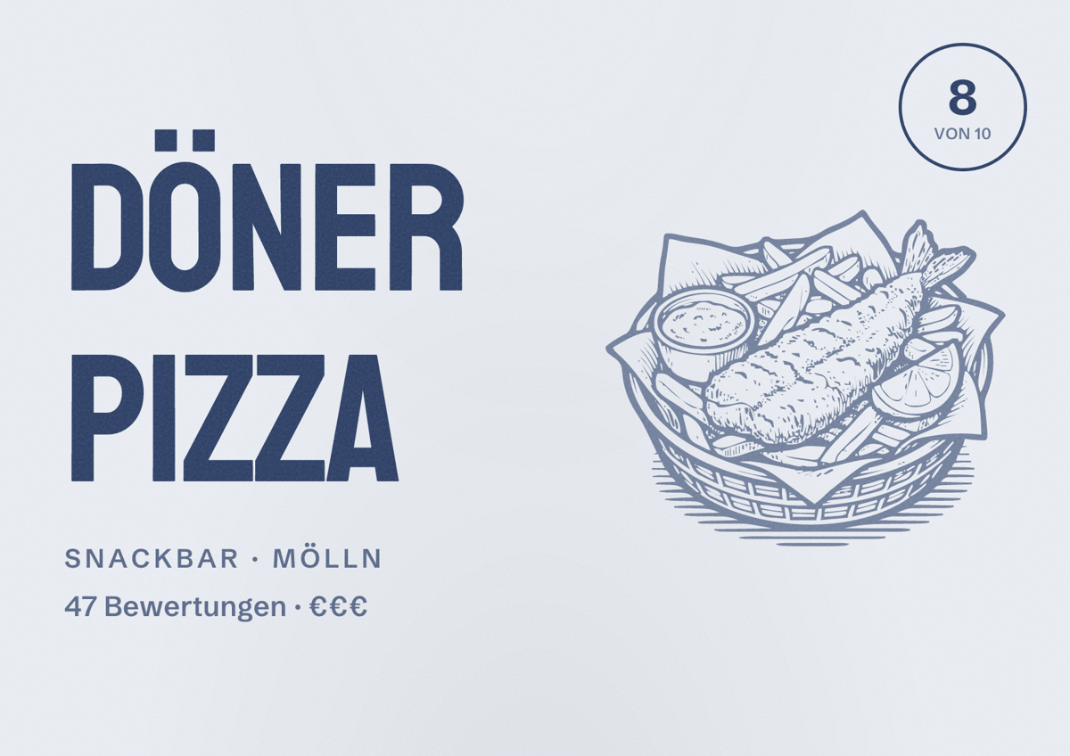 Illustriertes Poster von Döner Pizza, Snackbar in Mölln: Bewertung 8 von 10 aus 47 Bewertungen, Preisniveau €€€