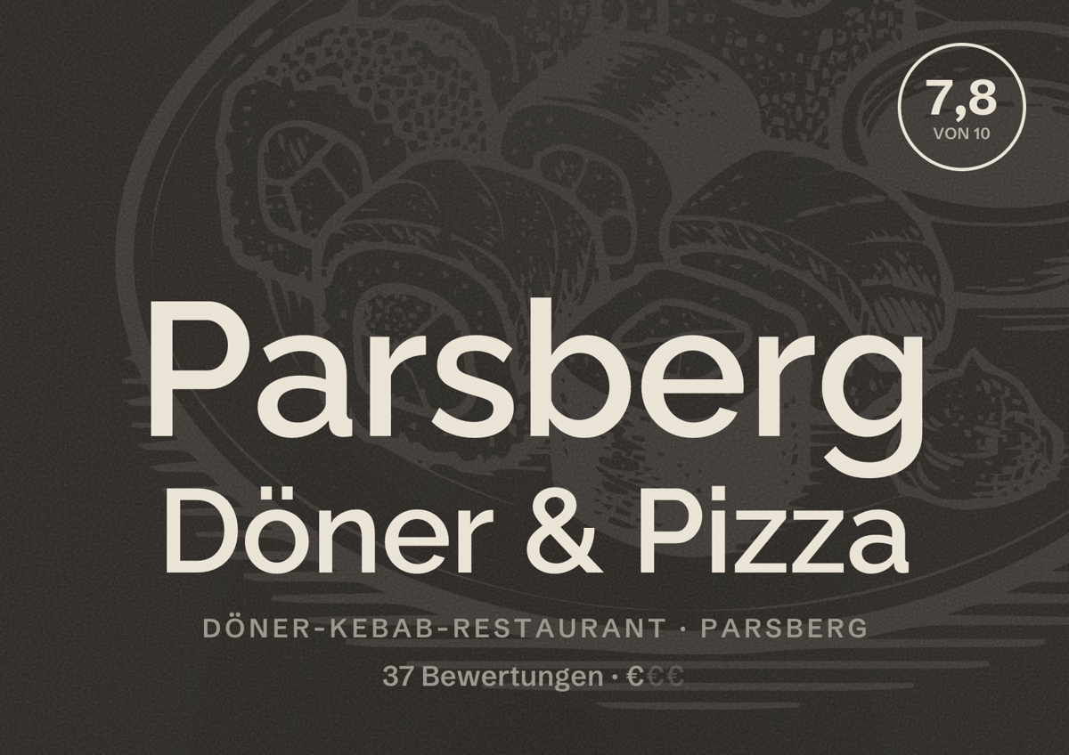 Illustriertes Poster von Parsberg Döner & Pizza, Döner-Kebab-Restaurant in Parsberg: Bewertung 7,8 von 10 aus 37 Bewertungen, Preisniveau €
