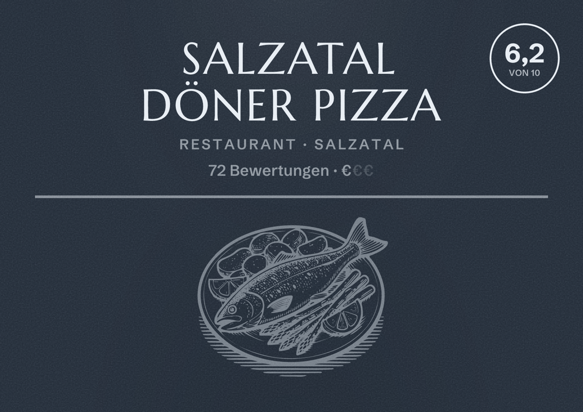 Illustriertes Poster von Salzatal döner pizza, Restaurant in Salzatal: Bewertung 6,2 von 10 aus 72 Bewertungen, Preisniveau €