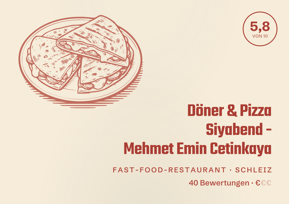 Illustriertes Poster von Döner & Pizza Siyabend - Mehmet Emin Cetinkaya, Fast-Food-Restaurant in Schleiz: Bewertung 5,8 von 10 aus 40 Bewertungen, Preisniveau €
