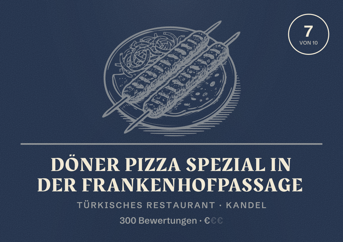 Illustriertes Poster von Döner Pizza Spezial In der Frankenhofpassage, Türkisches Restaurant in Kandel: Bewertung 7 von 10 aus 300 Bewertungen, Preisniveau €