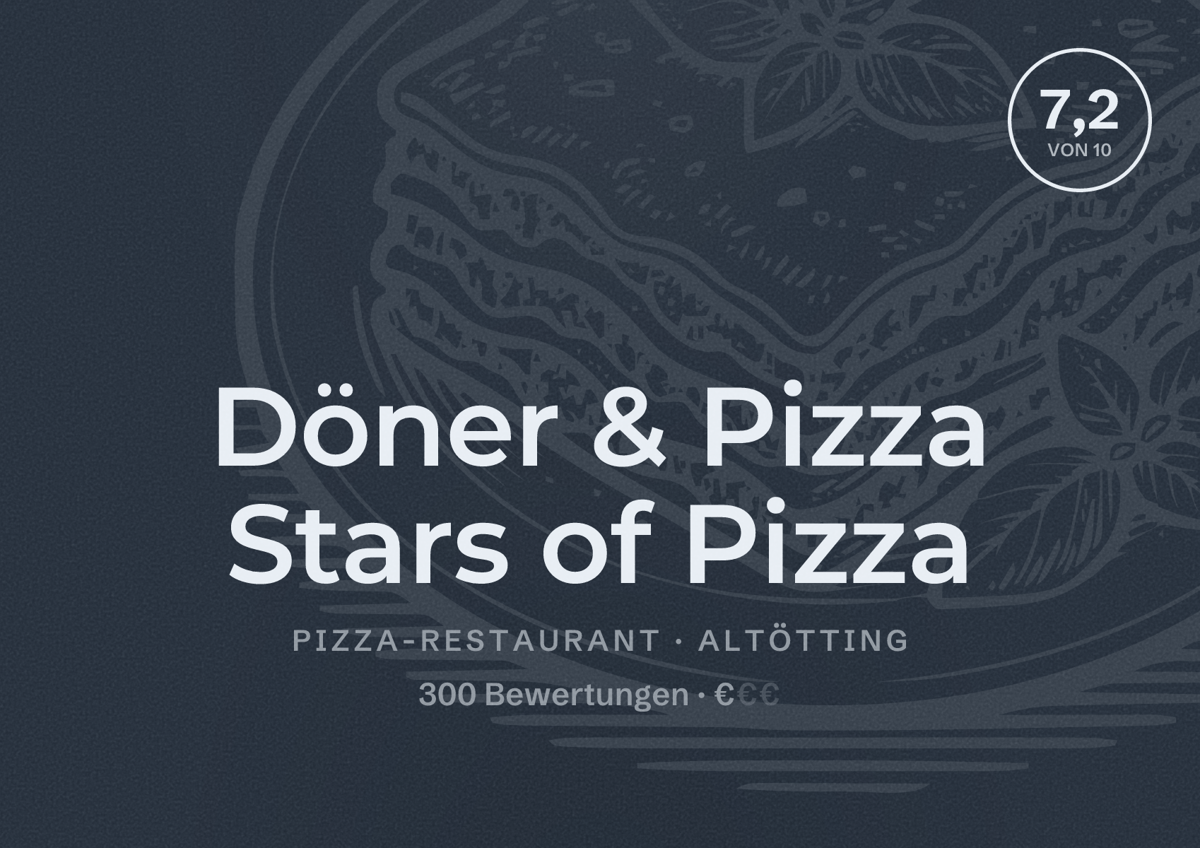 Illustriertes Poster von Döner & Pizza Stars of Pizza, Pizza-Restaurant in Altötting: Bewertung 7,2 von 10 aus 300 Bewertungen, Preisniveau €