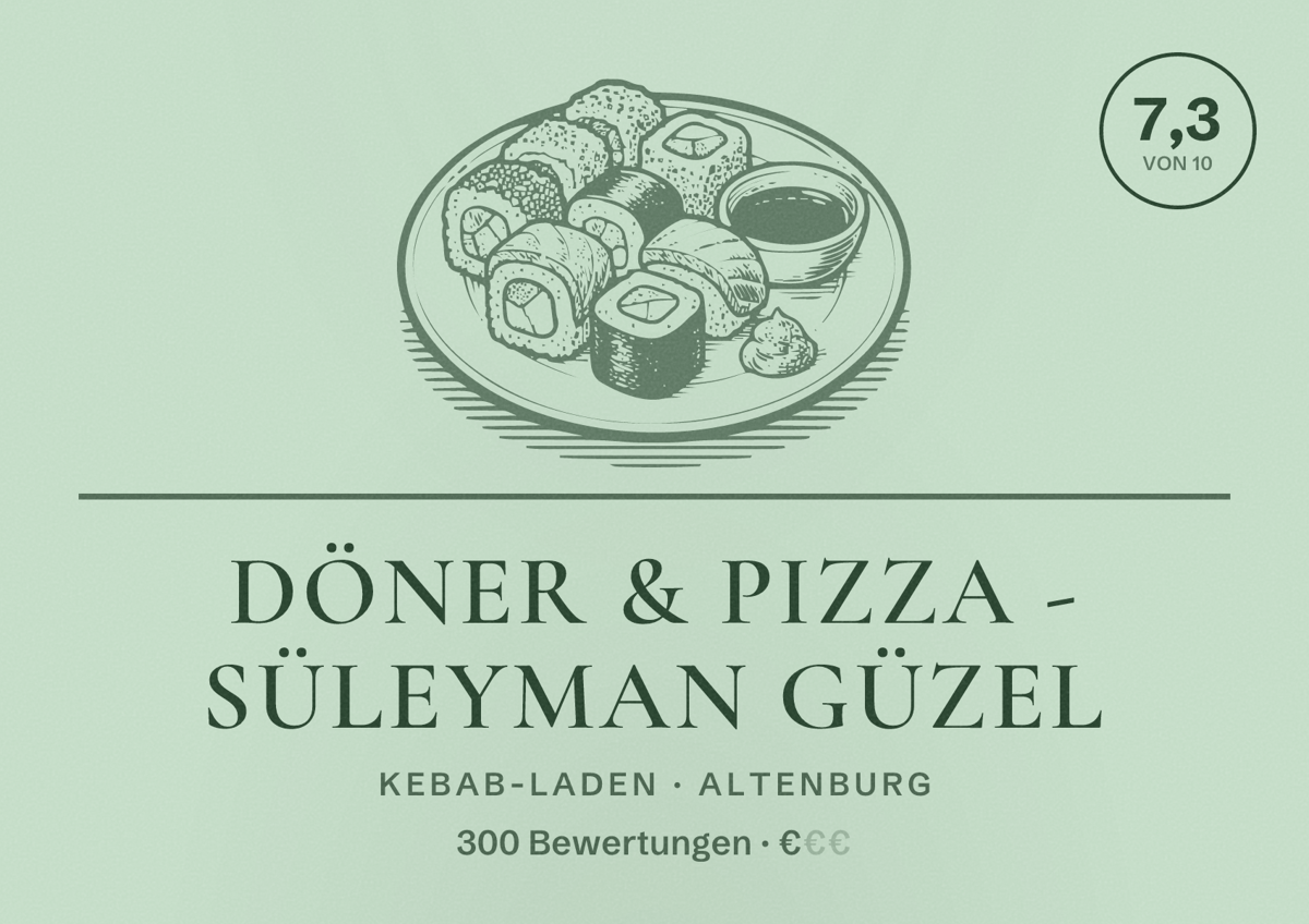 Illustriertes Poster von Döner & Pizza - Süleyman Güzel, Kebab-Laden in Altenburg: Bewertung 7,3 von 10 aus 300 Bewertungen, Preisniveau €