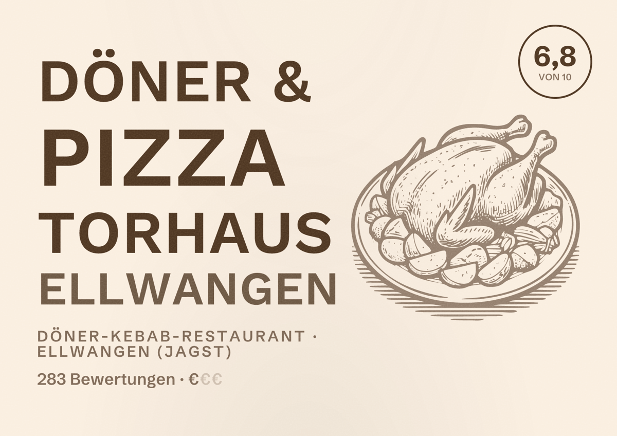 Illustriertes Poster von Döner & Pizza Torhaus Ellwangen, Döner-Kebab-Restaurant in Ellwangen (Jagst): Bewertung 6,8 von 10 aus 283 Bewertungen, Preisniveau €