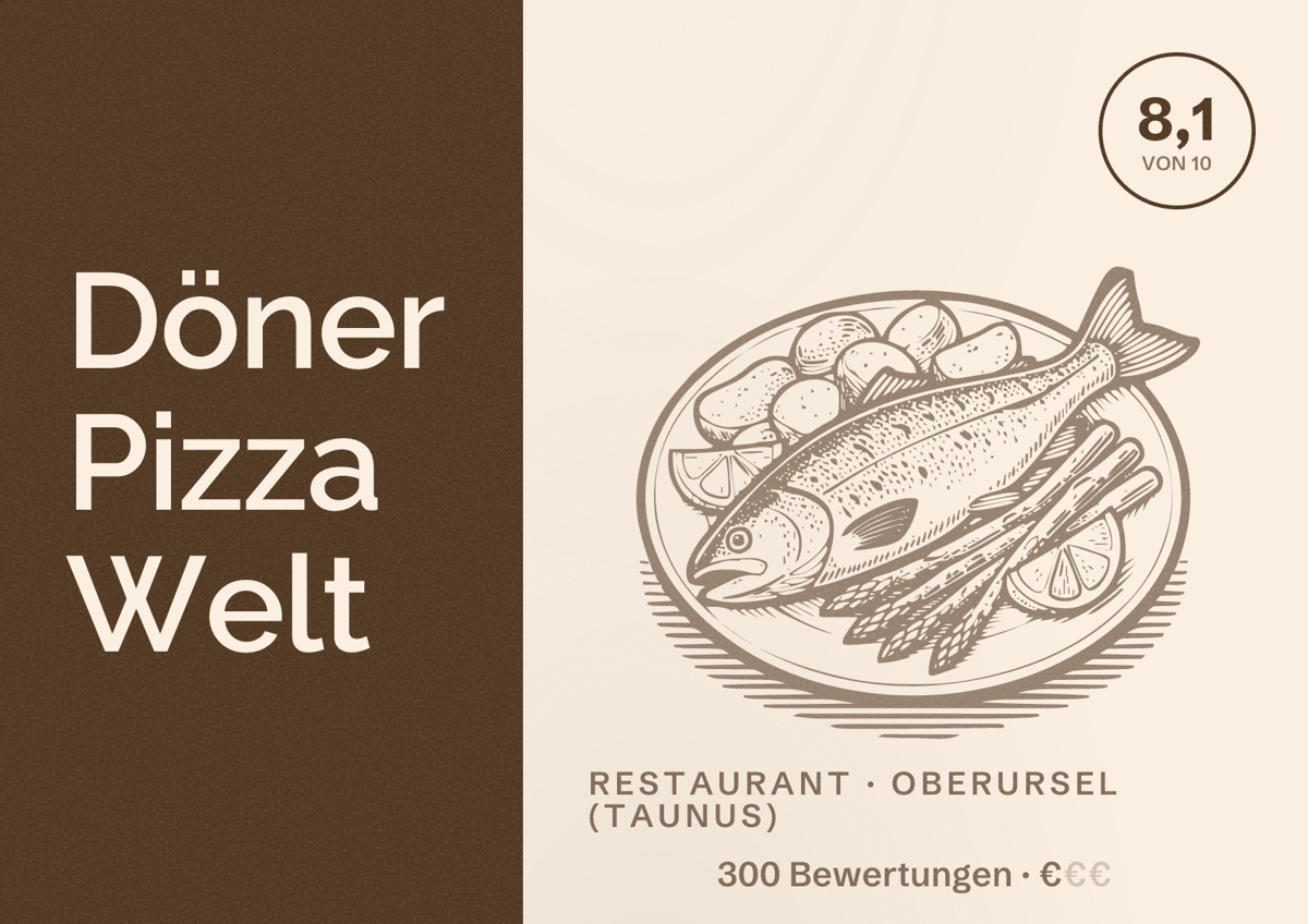Illustriertes Poster von Döner Pizza Welt, Restaurant in Oberursel (Taunus): Bewertung 8,1 von 10 aus 300 Bewertungen, Preisniveau €