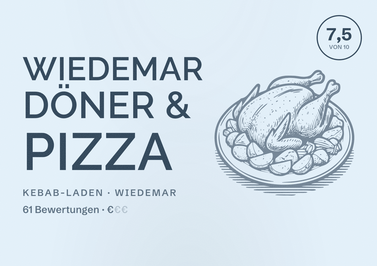 Illustriertes Poster von Wiedemar Döner & Pizza, Kebab-Laden in Wiedemar: Bewertung 7,5 von 10 aus 61 Bewertungen, Preisniveau €