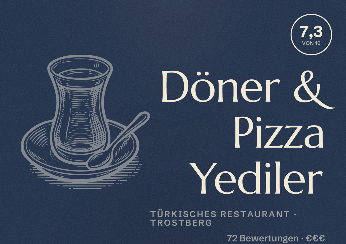 Illustriertes Poster von Döner & Pizza Yediler, Türkisches Restaurant in Trostberg: Bewertung 7,3 von 10 aus 72 Bewertungen, Preisniveau €€€