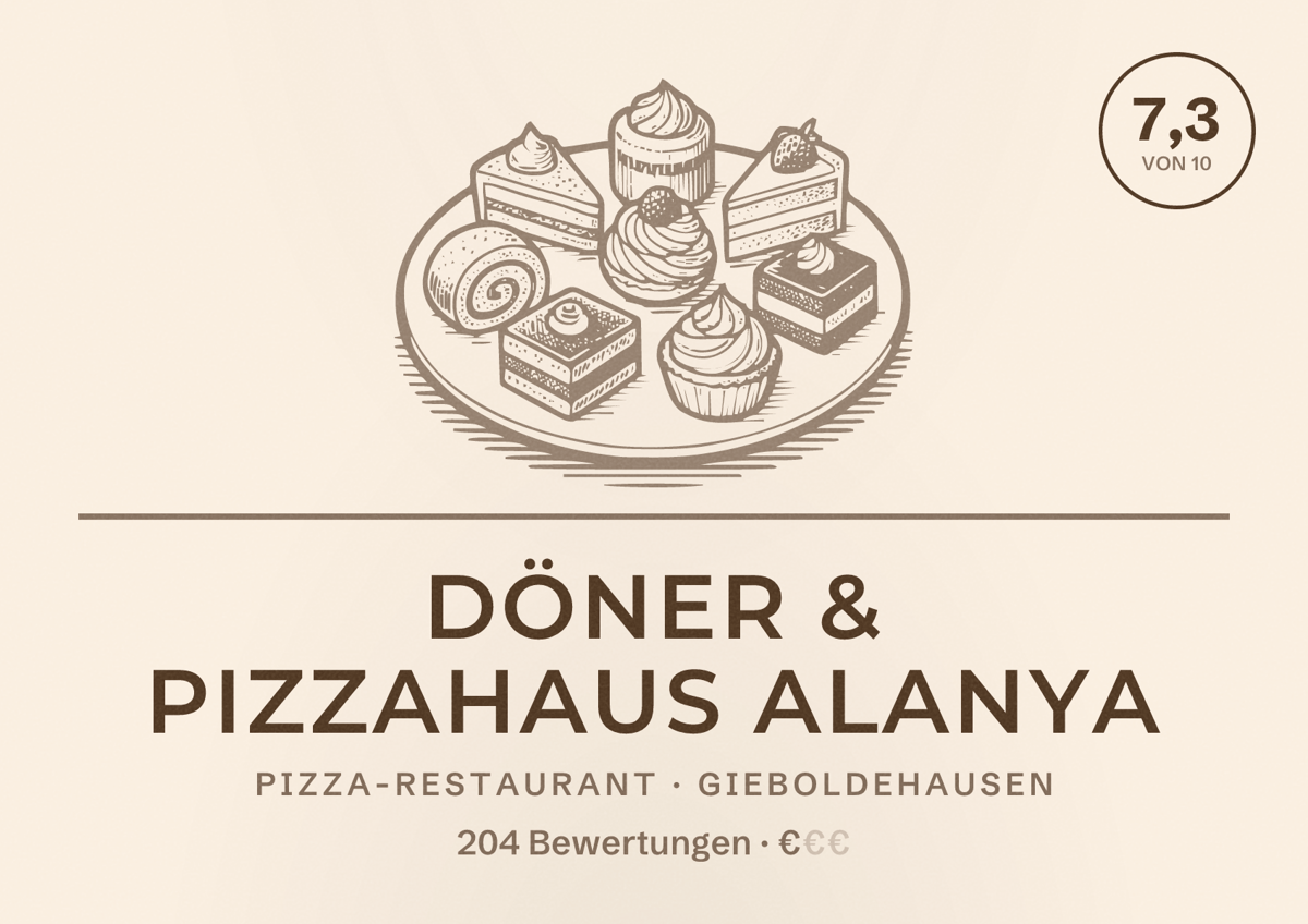 Illustriertes Poster von Döner & Pizzahaus Alanya, Pizza-Restaurant in Gieboldehausen: Bewertung 7,3 von 10 aus 204 Bewertungen, Preisniveau €