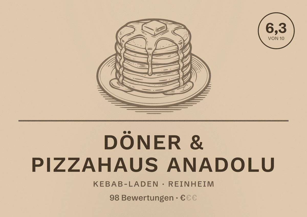 Illustriertes Poster von Döner & Pizzahaus Anadolu, Kebab-Laden in Reinheim: Bewertung 6,3 von 10 aus 98 Bewertungen, Preisniveau €