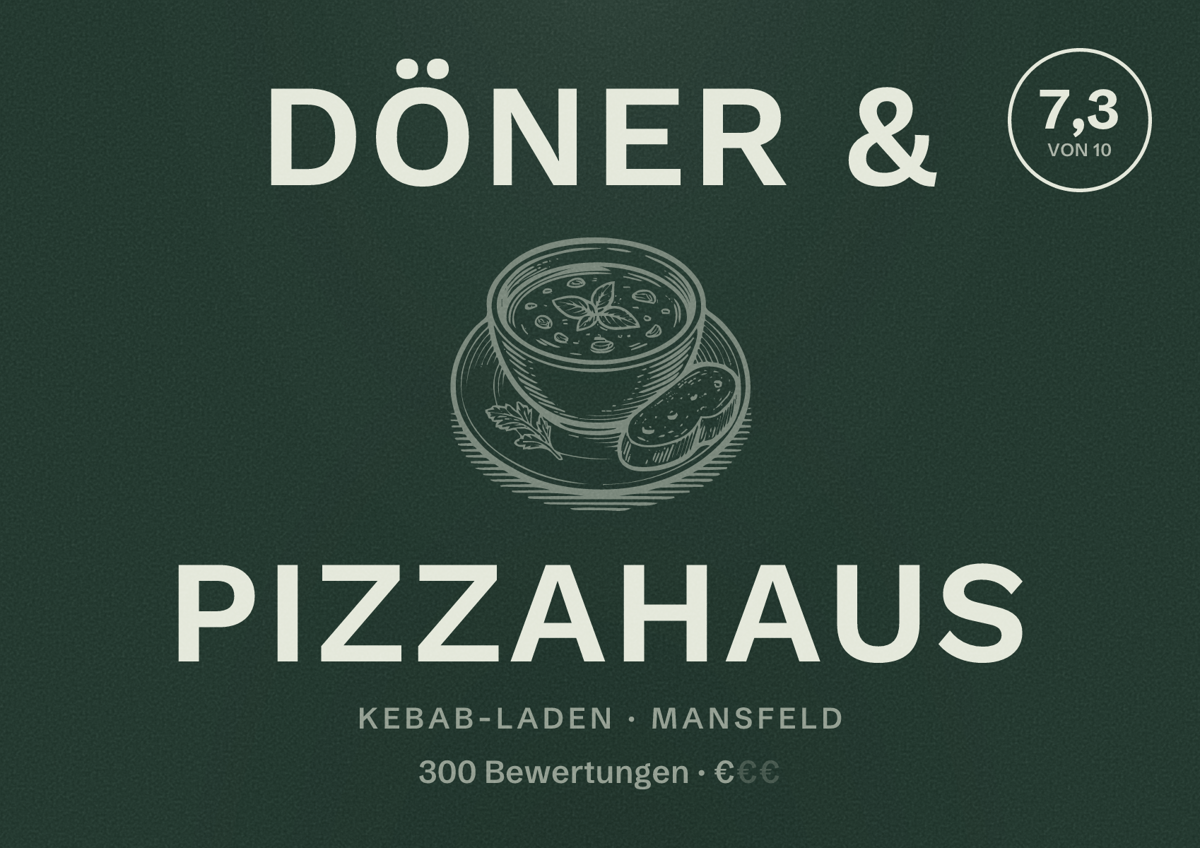 Illustriertes Poster von Döner & Pizzahaus, Kebab-Laden in Mansfeld: Bewertung 7,3 von 10 aus 300 Bewertungen, Preisniveau €
