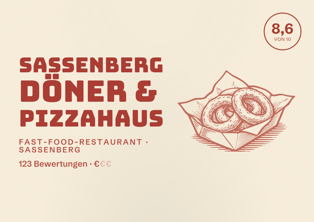 Illustriertes Poster von Sassenberg Döner & Pizzahaus, Fast-Food-Restaurant in Sassenberg: Bewertung 8,6 von 10 aus 123 Bewertungen, Preisniveau €