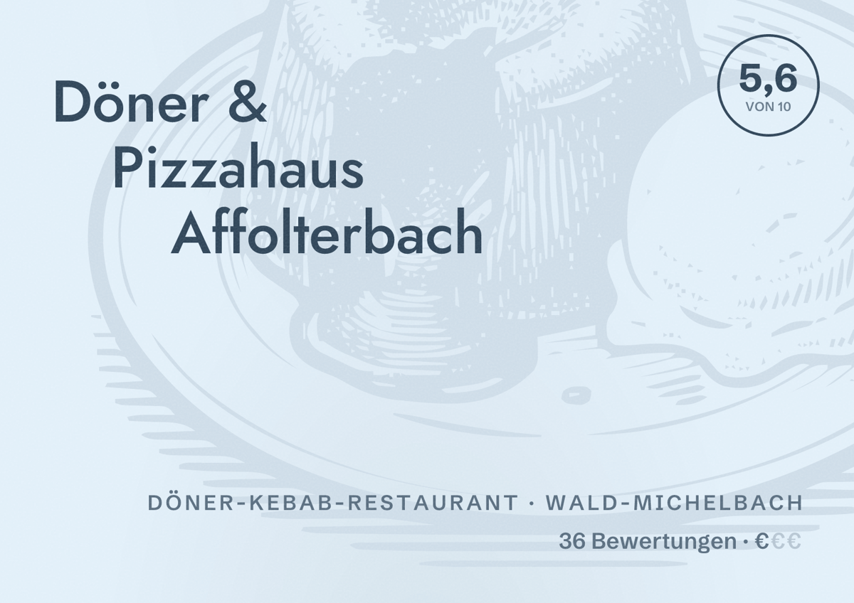 Illustriertes Poster von Döner & Pizzahaus Affolterbach, Döner-Kebab-Restaurant in Wald-Michelbach: Bewertung 5,6 von 10 aus 36 Bewertungen, Preisniveau €
