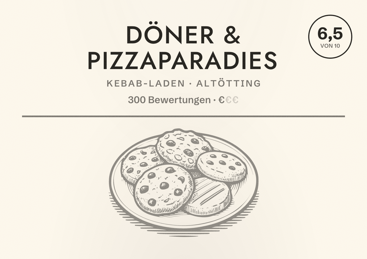Illustriertes Poster von Döner & Pizzaparadies, Kebab-Laden in Altötting: Bewertung 6,5 von 10 aus 300 Bewertungen, Preisniveau €