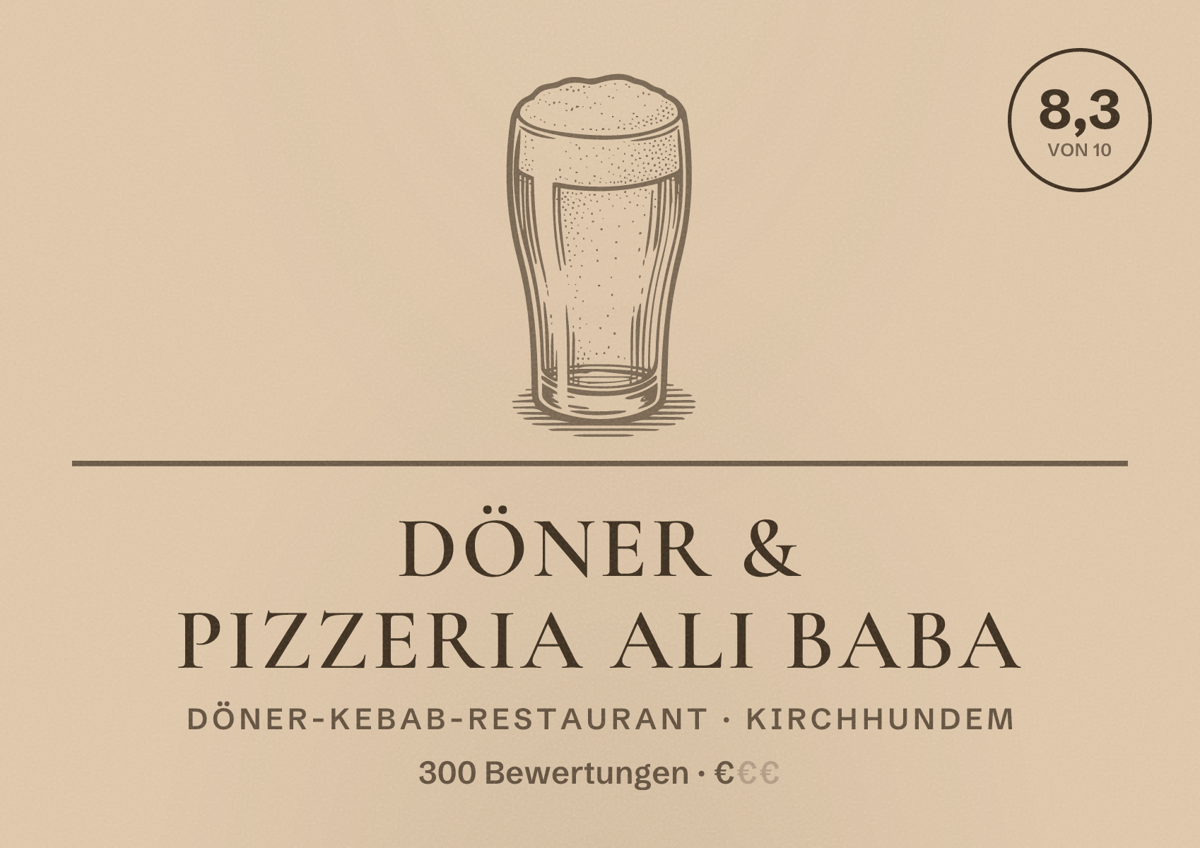 Illustriertes Poster von Döner & Pizzeria Ali Baba, Döner-Kebab-Restaurant in Kirchhundem: Bewertung 8,3 von 10 aus 300 Bewertungen, Preisniveau €