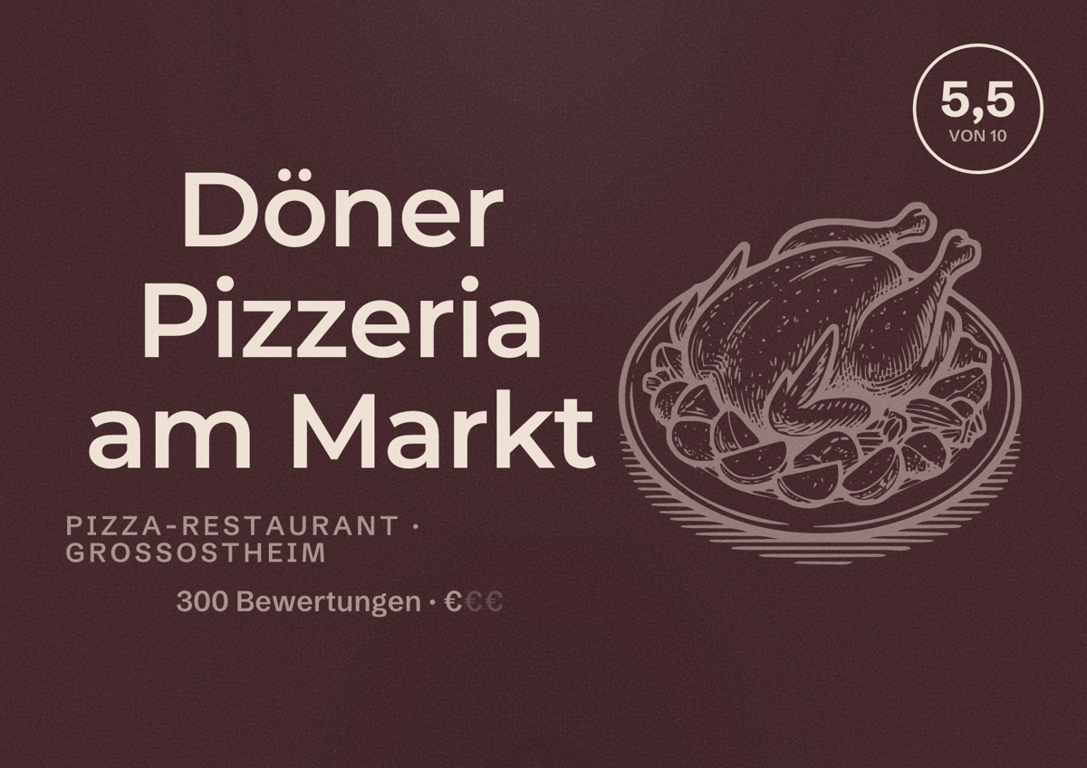 Illustriertes Poster von Döner Pizzeria am Markt, Pizza-Restaurant in Großostheim: Bewertung 5,5 von 10 aus 300 Bewertungen, Preisniveau €