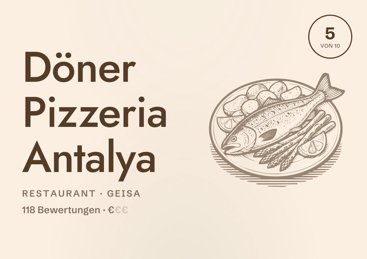Illustriertes Poster von Döner Pizzeria Antalya, Restaurant in Geisa: Bewertung 5 von 10 aus 118 Bewertungen, Preisniveau €