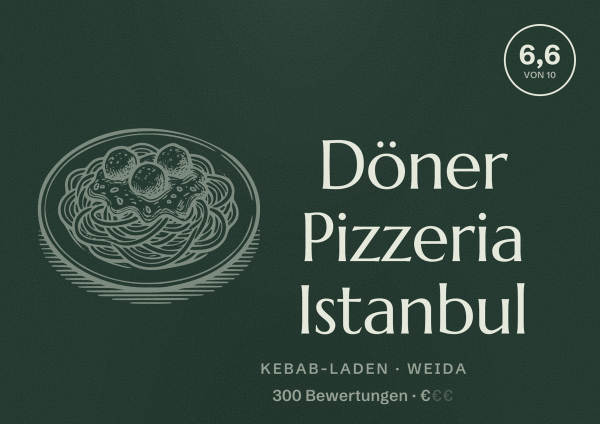 Illustriertes Poster von Döner Pizzeria Istanbul, Kebab-Laden in Weida: Bewertung 6,6 von 10 aus 300 Bewertungen, Preisniveau €