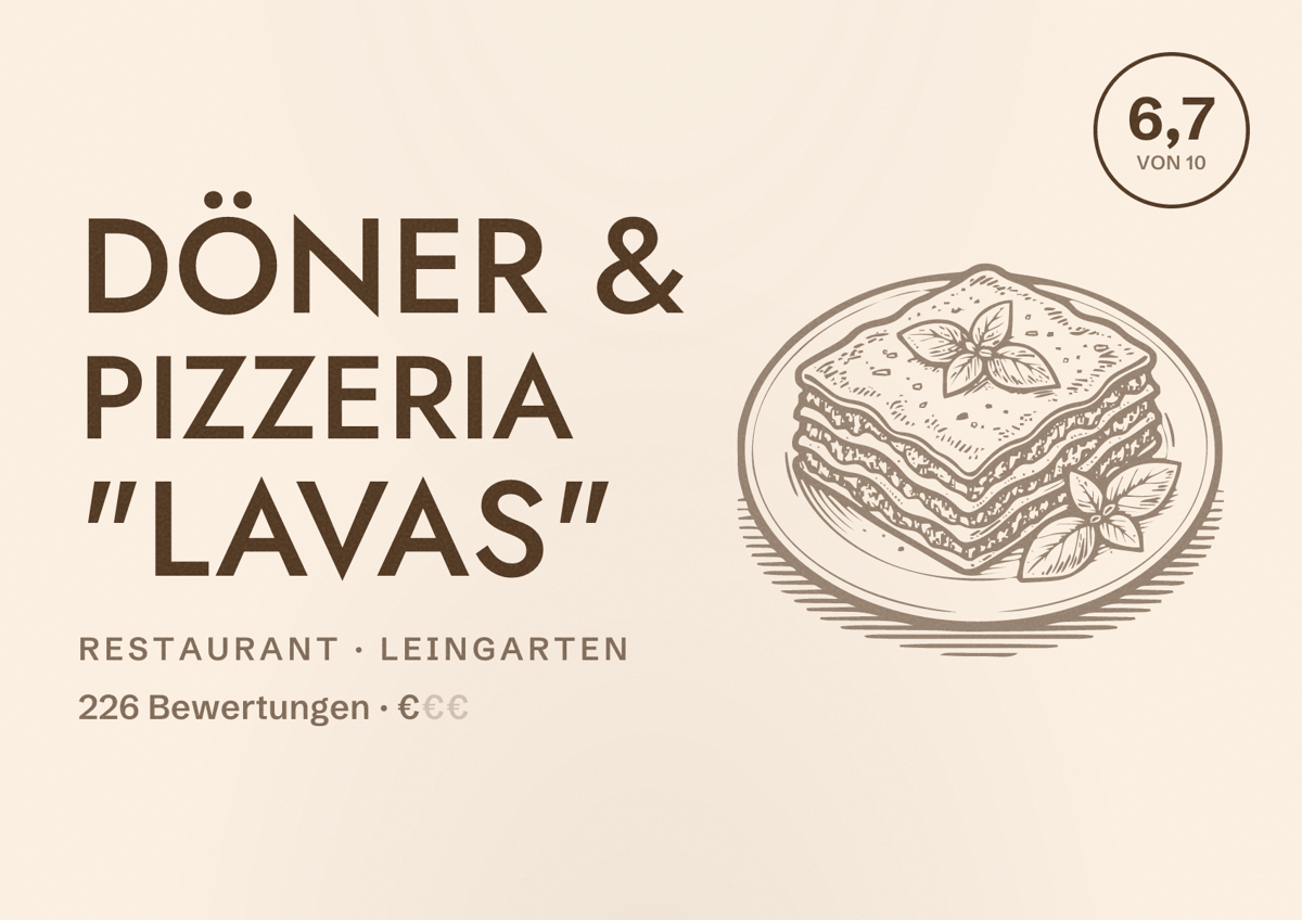 Illustriertes Poster von Döner & Pizzeria "Lavas", Restaurant in Leingarten: Bewertung 6,7 von 10 aus 226 Bewertungen, Preisniveau €