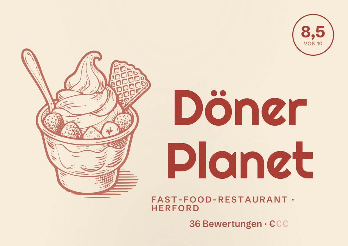 Illustriertes Poster von Döner Planet, Fast-Food-Restaurant in Herford: Bewertung 8,5 von 10 aus 36 Bewertungen, Preisniveau €