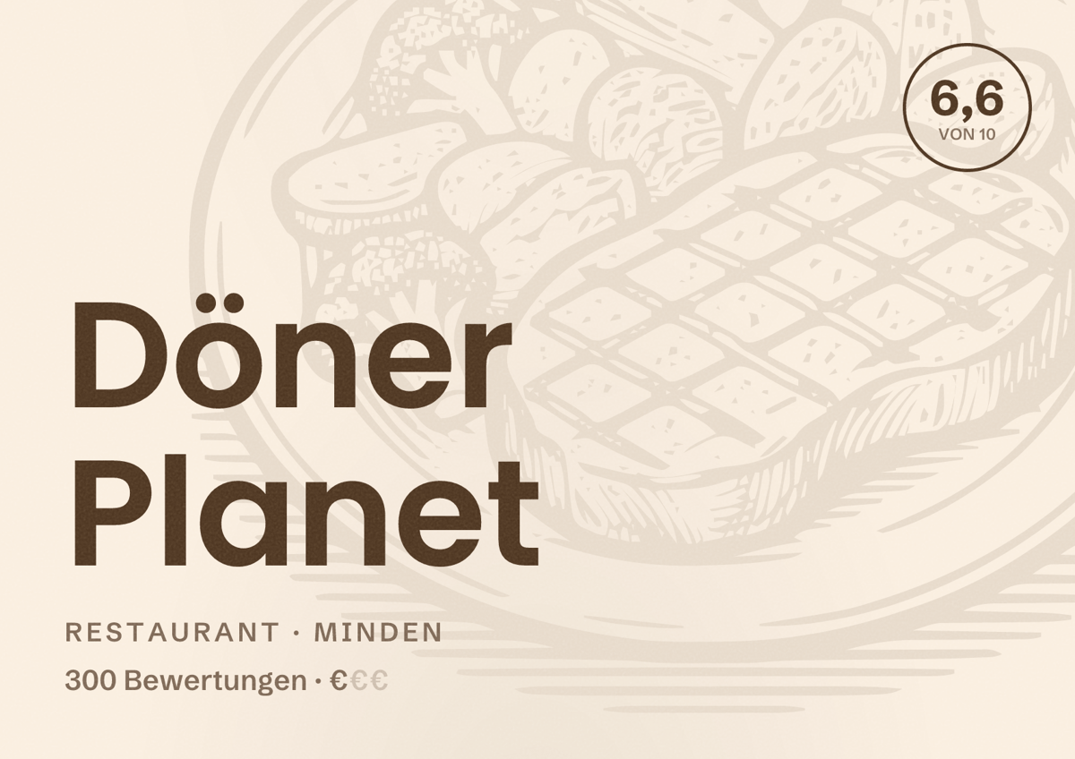 Illustriertes Poster von Döner Planet, Restaurant in Minden: Bewertung 6,6 von 10 aus 300 Bewertungen, Preisniveau €
