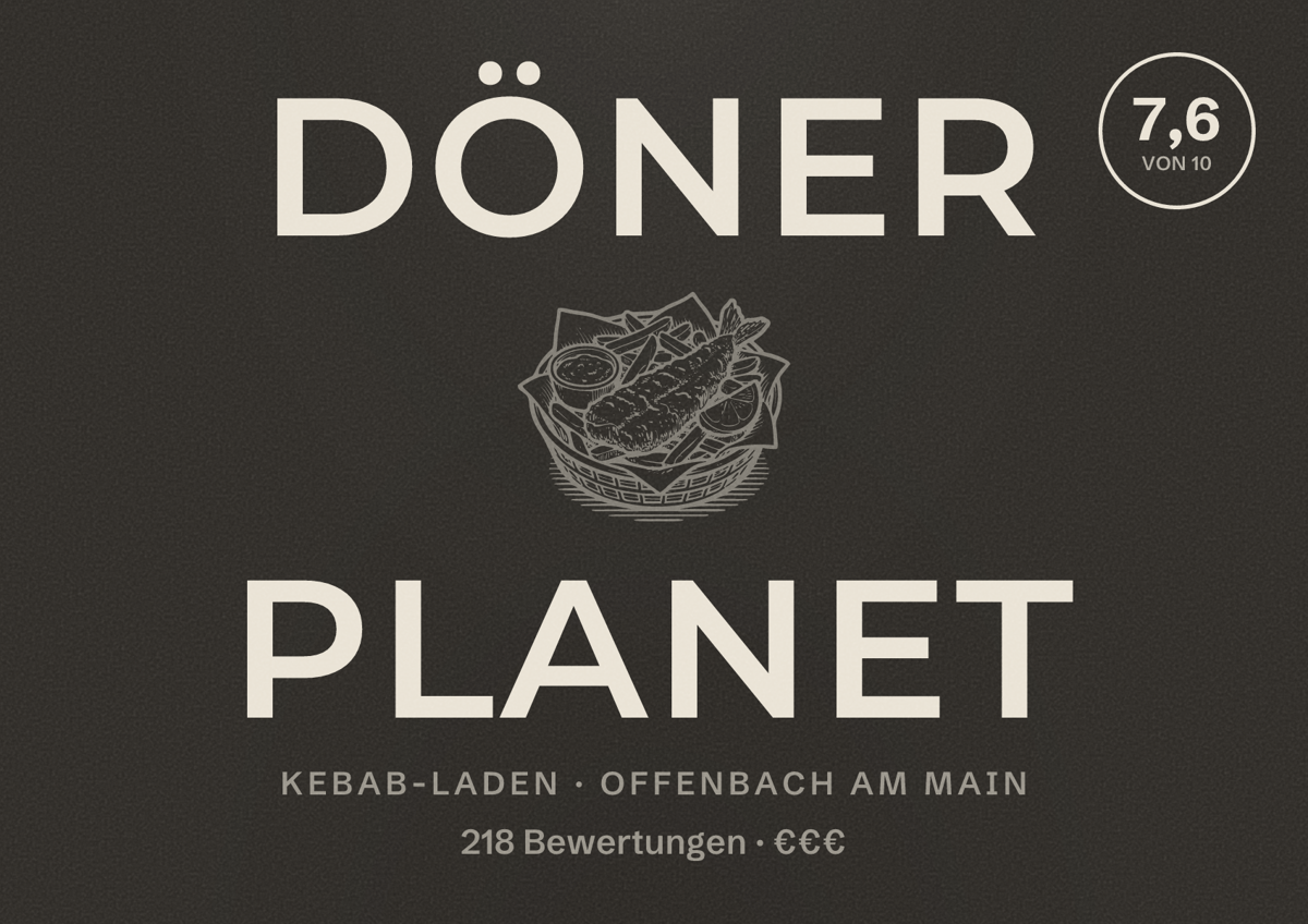 Illustriertes Poster von Döner Planet, Kebab-Laden in Offenbach am Main: Bewertung 7,6 von 10 aus 218 Bewertungen, Preisniveau €€€