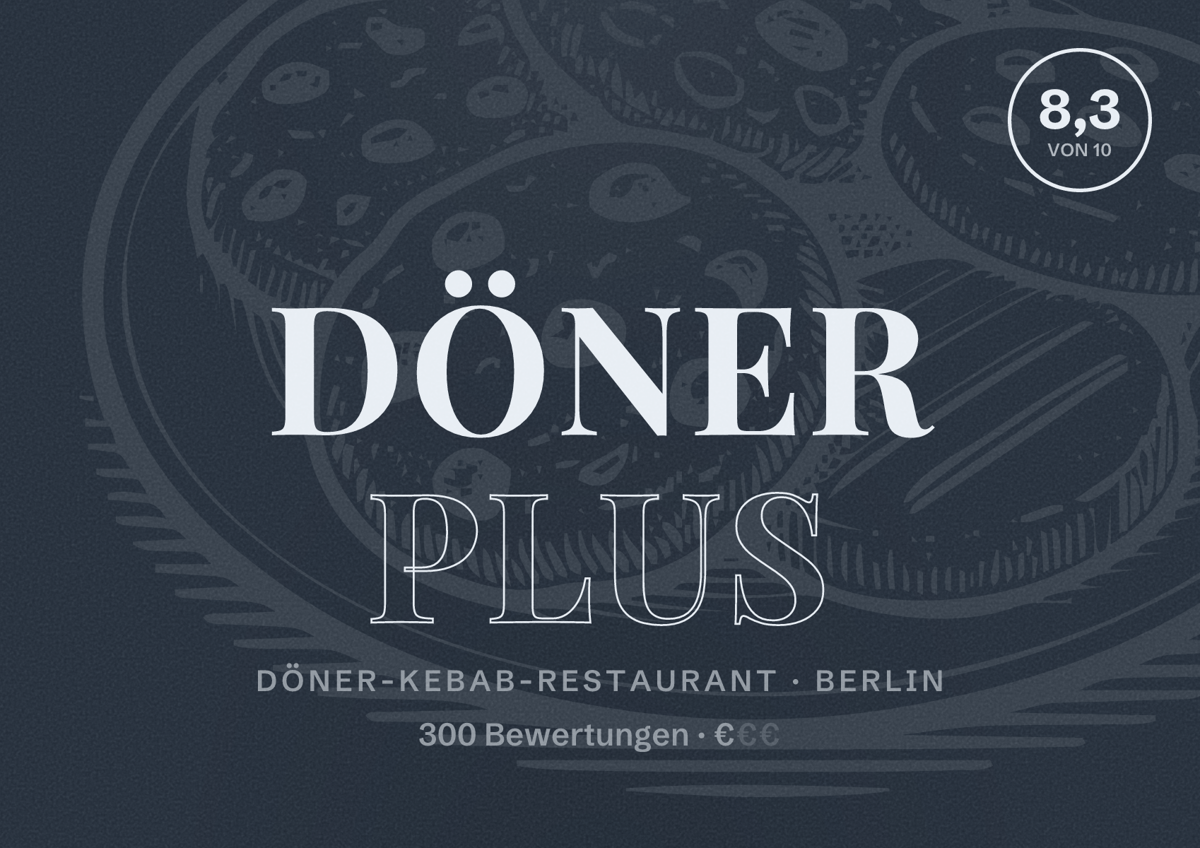 Illustriertes Poster von Döner PLUS, Döner-Kebab-Restaurant in Berlin: Bewertung 8,3 von 10 aus 300 Bewertungen, Preisniveau €