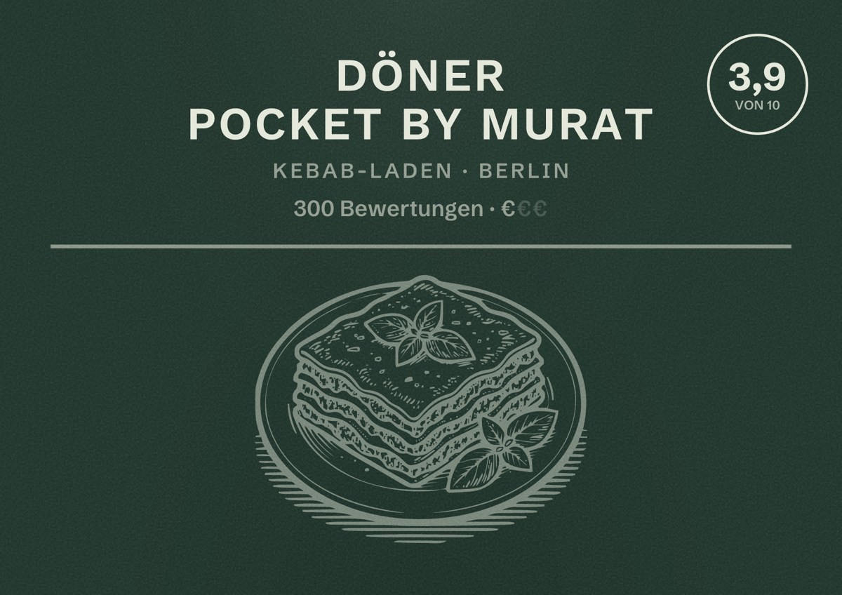 Illustriertes Poster von Döner Pocket by Murat, Kebab-Laden in Berlin: Bewertung 3,9 von 10 aus 300 Bewertungen, Preisniveau €