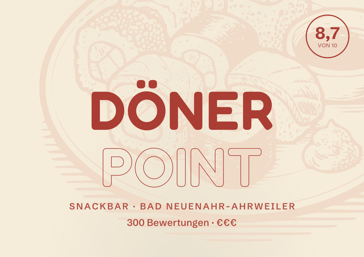 Illustriertes Poster von Döner Point, Snackbar in Bad Neuenahr-Ahrweiler: Bewertung 8,7 von 10 aus 300 Bewertungen, Preisniveau €€€