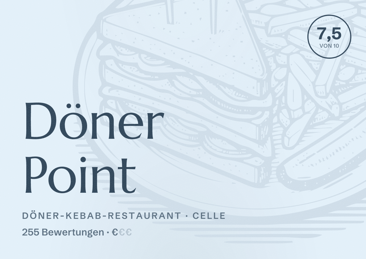 Illustriertes Poster von Döner Point, Döner-Kebab-Restaurant in Celle: Bewertung 7,5 von 10 aus 255 Bewertungen, Preisniveau €