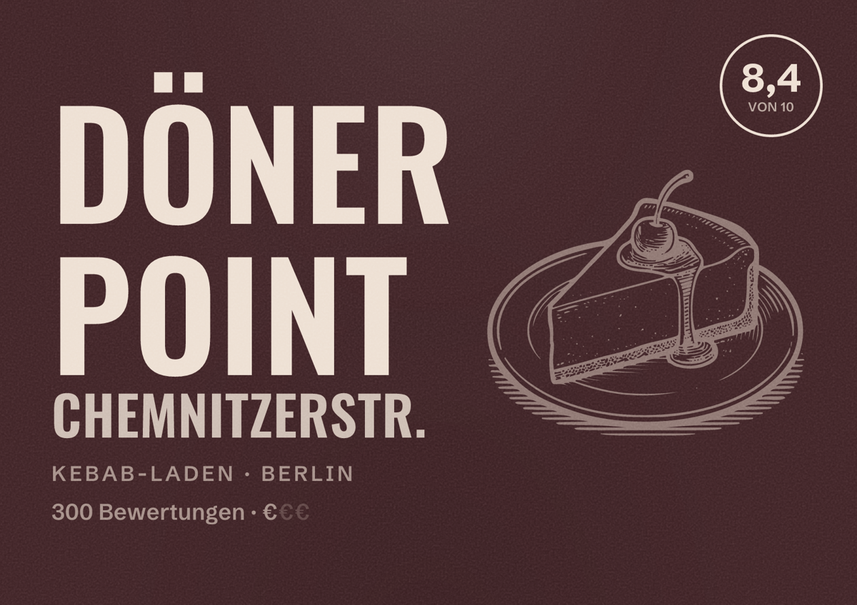Illustriertes Poster von Döner Point Chemnitzerstr., Kebab-Laden in Berlin: Bewertung 8,4 von 10 aus 300 Bewertungen, Preisniveau €
