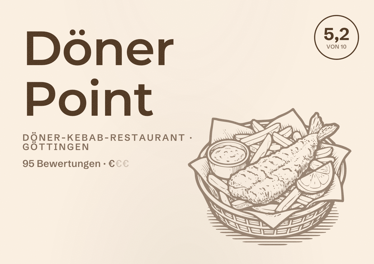Illustriertes Poster von Döner Point, Döner-Kebab-Restaurant in Göttingen: Bewertung 5,2 von 10 aus 95 Bewertungen, Preisniveau €