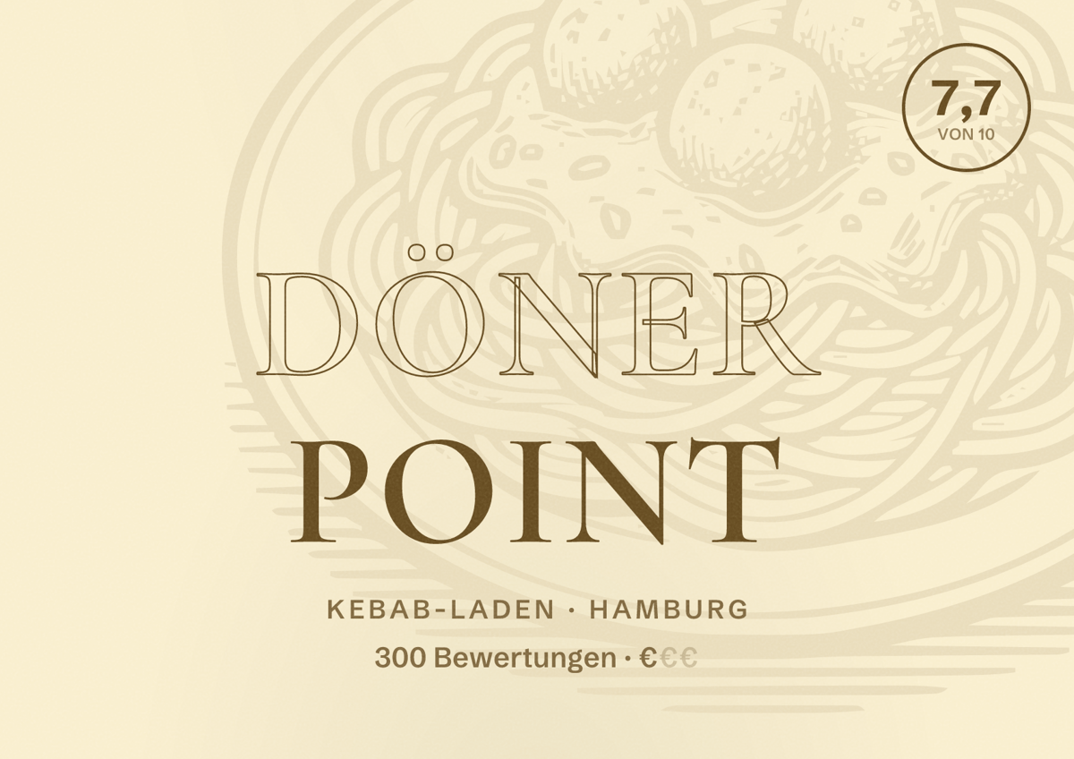 Illustriertes Poster von Döner Point, Kebab-Laden in Hamburg: Bewertung 7,7 von 10 aus 300 Bewertungen, Preisniveau €
