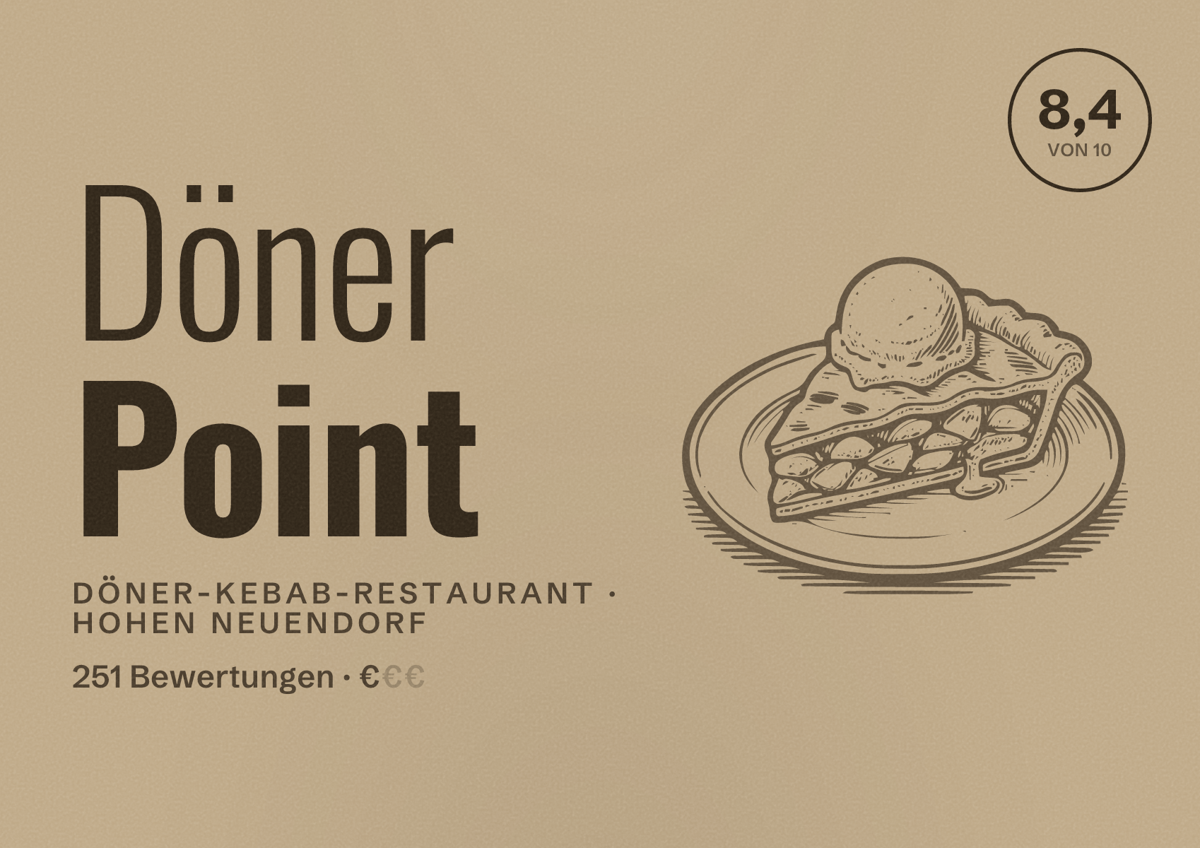 Illustriertes Poster von Döner Point, Döner-Kebab-Restaurant in Hohen Neuendorf: Bewertung 8,4 von 10 aus 251 Bewertungen, Preisniveau €