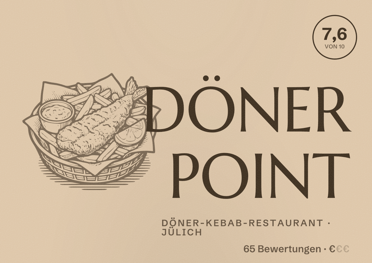 Illustriertes Poster von DÖNER POINT, Döner-Kebab-Restaurant in Jülich: Bewertung 7,6 von 10 aus 65 Bewertungen, Preisniveau €