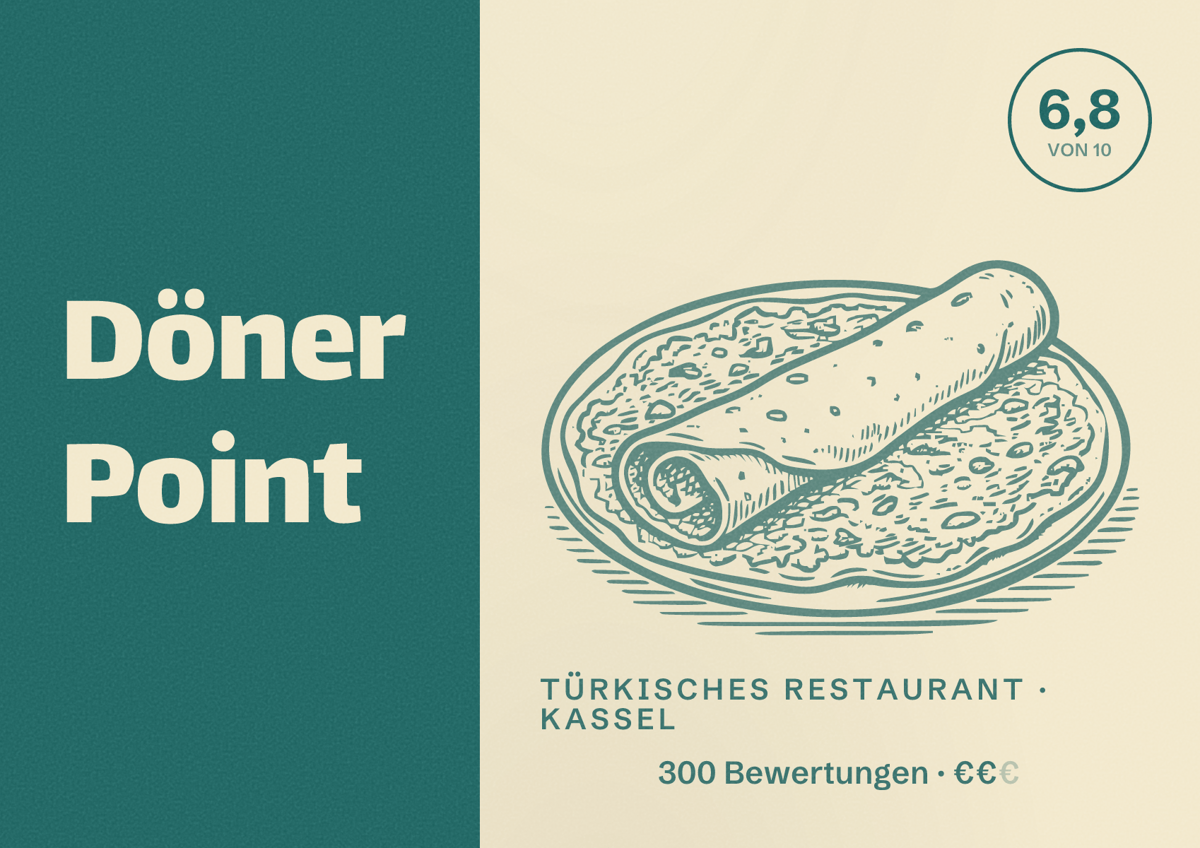 Illustriertes Poster von Döner Point, Türkisches Restaurant in Kassel: Bewertung 6,8 von 10 aus 300 Bewertungen, Preisniveau €€