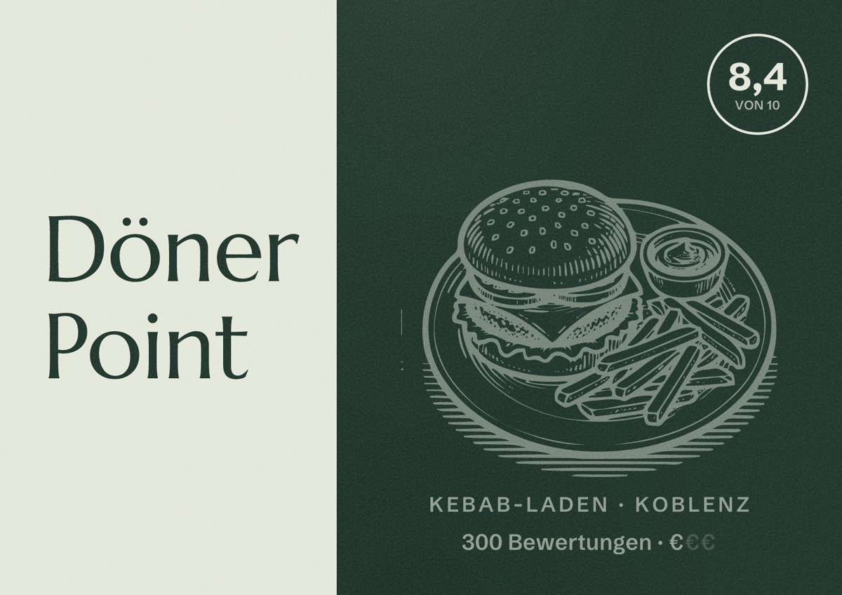Illustriertes Poster von Döner Point, Kebab-Laden in Koblenz: Bewertung 8,4 von 10 aus 300 Bewertungen, Preisniveau €