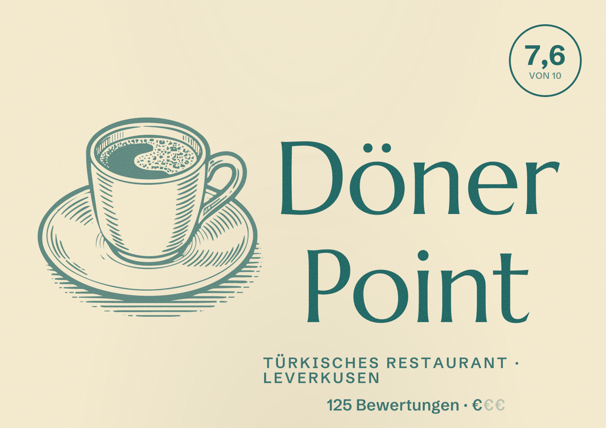 Illustriertes Poster von Döner Point, Türkisches Restaurant in Leverkusen: Bewertung 7,6 von 10 aus 125 Bewertungen, Preisniveau €