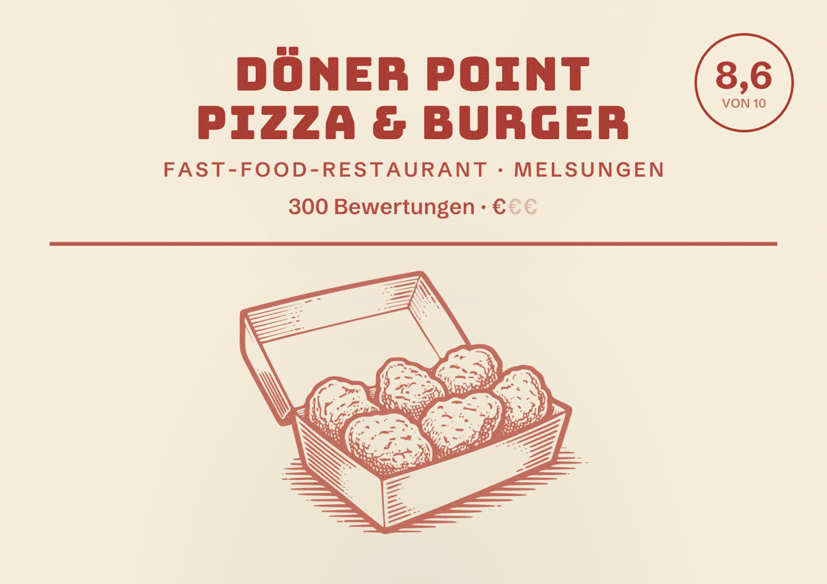 Illustriertes Poster von Döner Point Pizza & Burger, Fast-Food-Restaurant in Melsungen: Bewertung 8,6 von 10 aus 300 Bewertungen, Preisniveau €