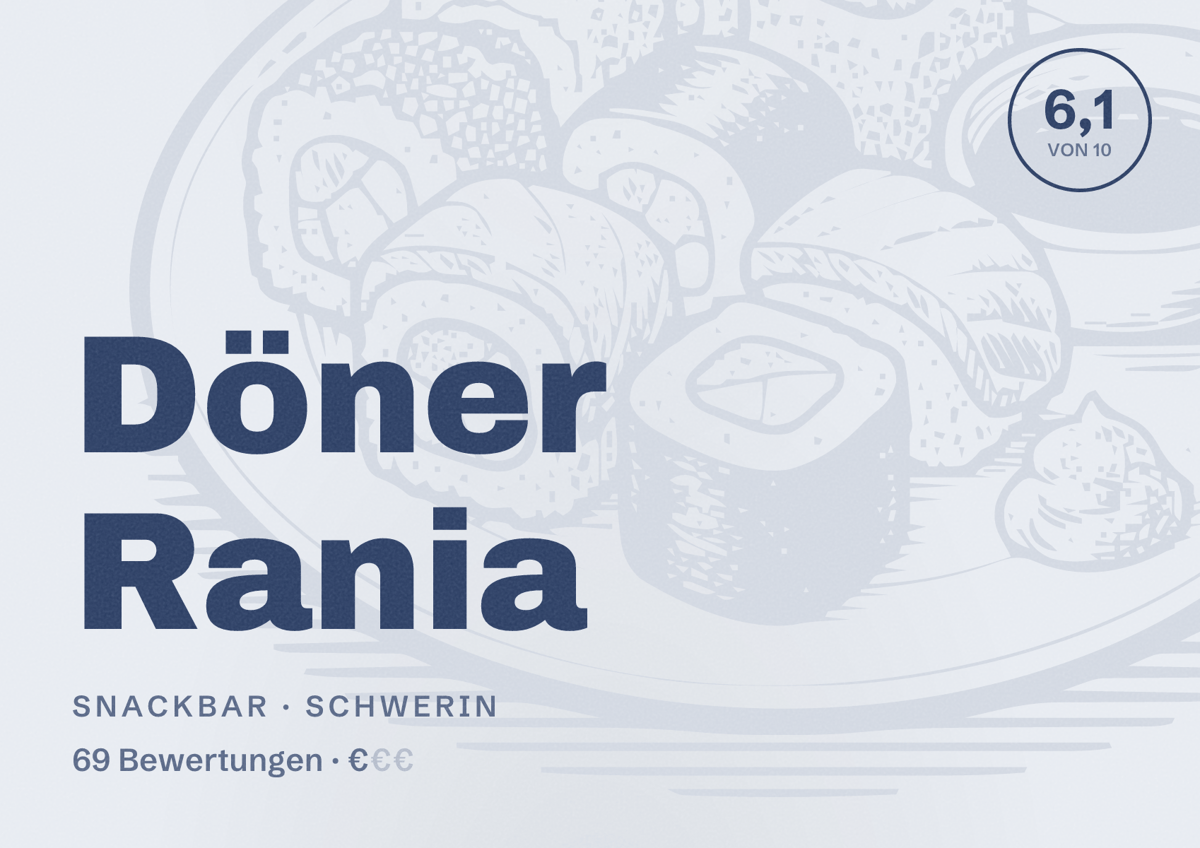 Illustriertes Poster von Döner Rania, Snackbar in Schwerin: Bewertung 6,1 von 10 aus 69 Bewertungen, Preisniveau €