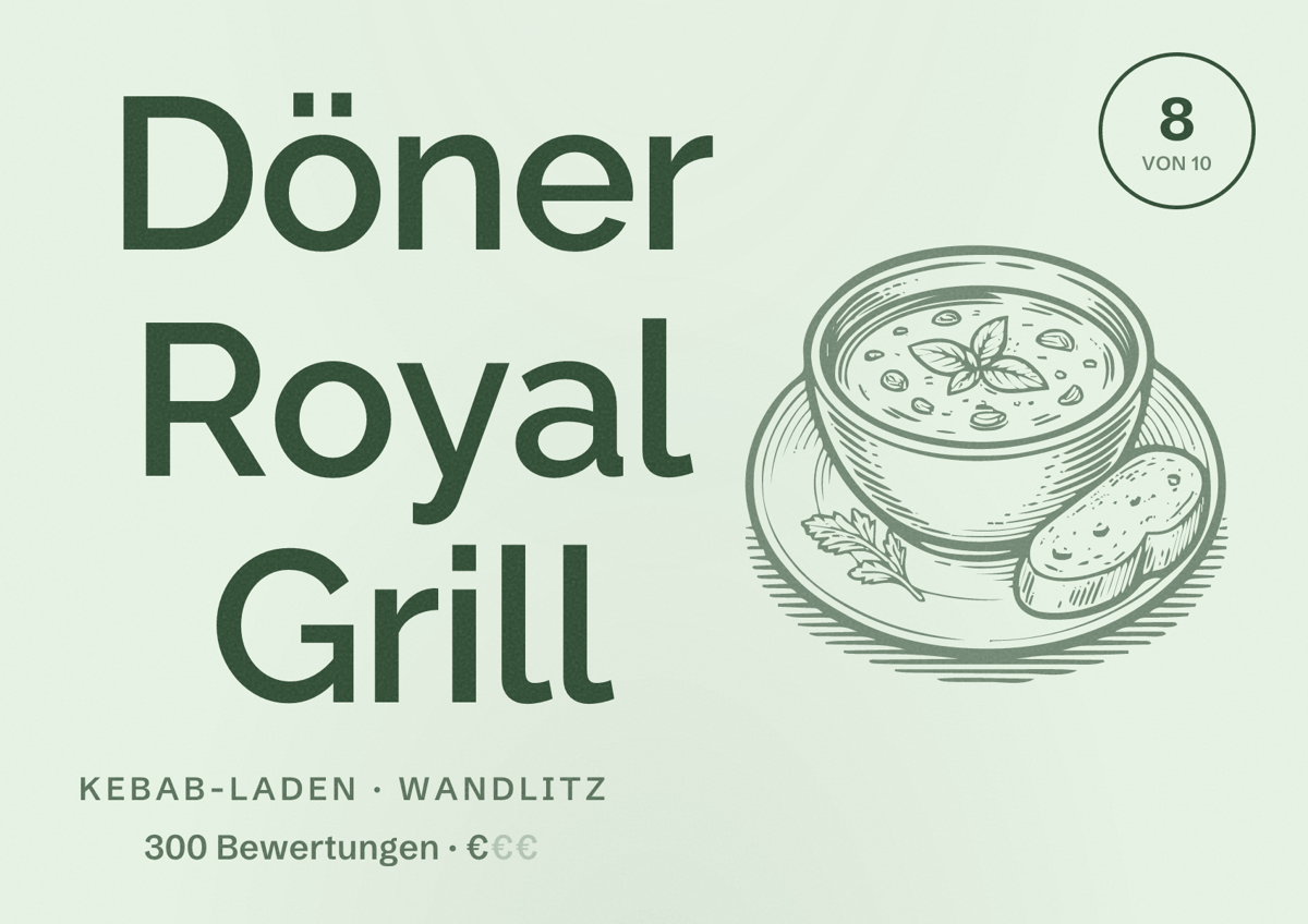 Illustriertes Poster von Döner Royal Grill, Kebab-Laden in Wandlitz: Bewertung 8 von 10 aus 300 Bewertungen, Preisniveau €