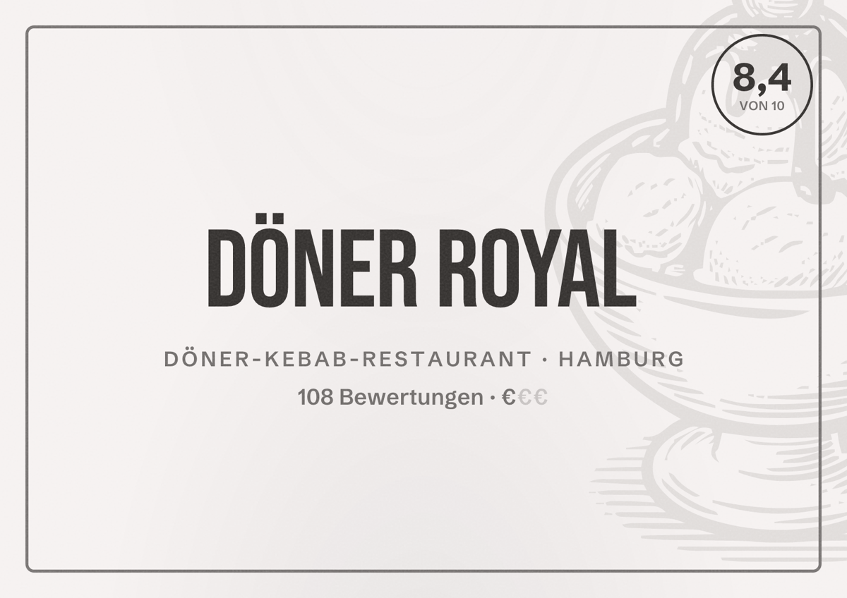 Illustriertes Poster von Döner Royal, Döner-Kebab-Restaurant in Hamburg: Bewertung 8,4 von 10 aus 108 Bewertungen, Preisniveau €