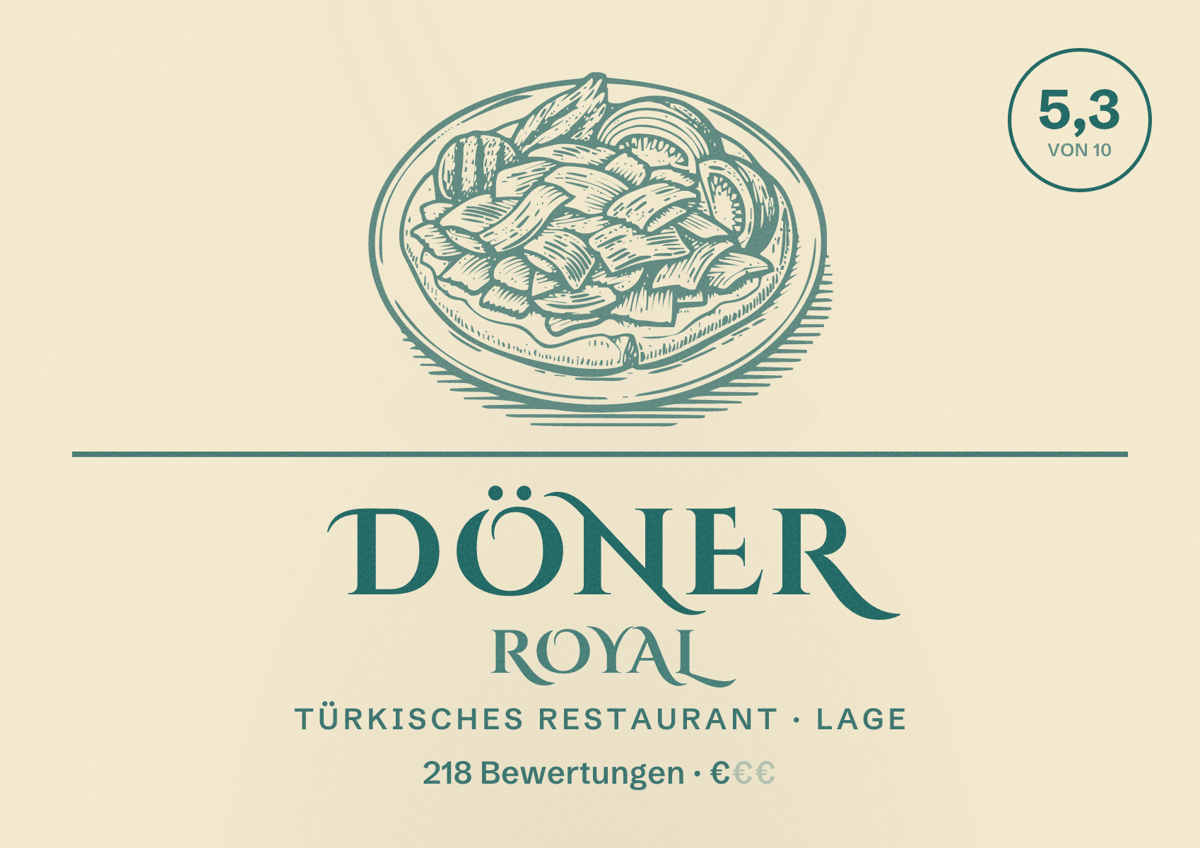 Illustriertes Poster von Döner Royal, Türkisches Restaurant in Lage: Bewertung 5,3 von 10 aus 218 Bewertungen, Preisniveau €