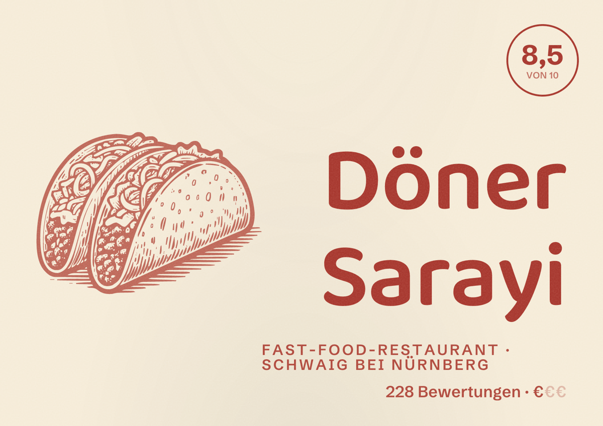 Illustriertes Poster von Döner Sarayi, Fast-Food-Restaurant in Schwaig bei Nürnberg: Bewertung 8,5 von 10 aus 228 Bewertungen, Preisniveau €