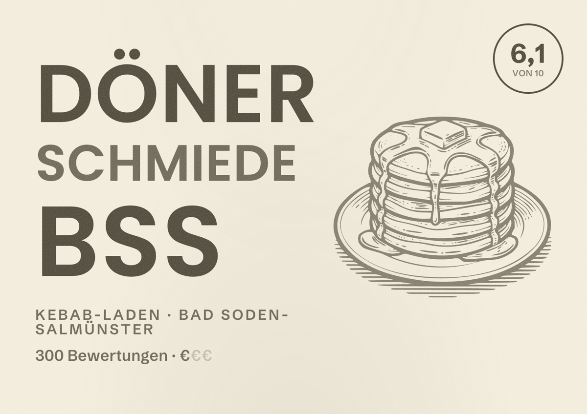 Illustriertes Poster von Döner Schmiede BSS, Kebab-Laden in Bad Soden-Salmünster: Bewertung 6,1 von 10 aus 300 Bewertungen, Preisniveau €