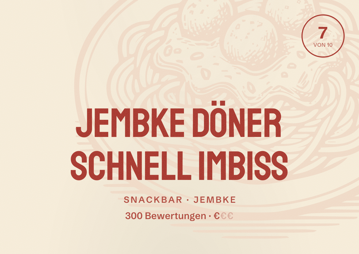 Illustriertes Poster von Jembke Döner Schnell Imbiss, Snackbar in Jembke: Bewertung 7 von 10 aus 300 Bewertungen, Preisniveau €