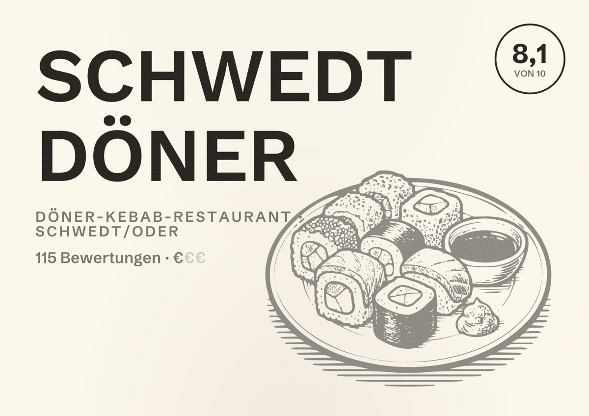 Illustriertes Poster von SCHWEDT DÖNER, Döner-Kebab-Restaurant in Schwedt/Oder: Bewertung 8,1 von 10 aus 115 Bewertungen, Preisniveau €