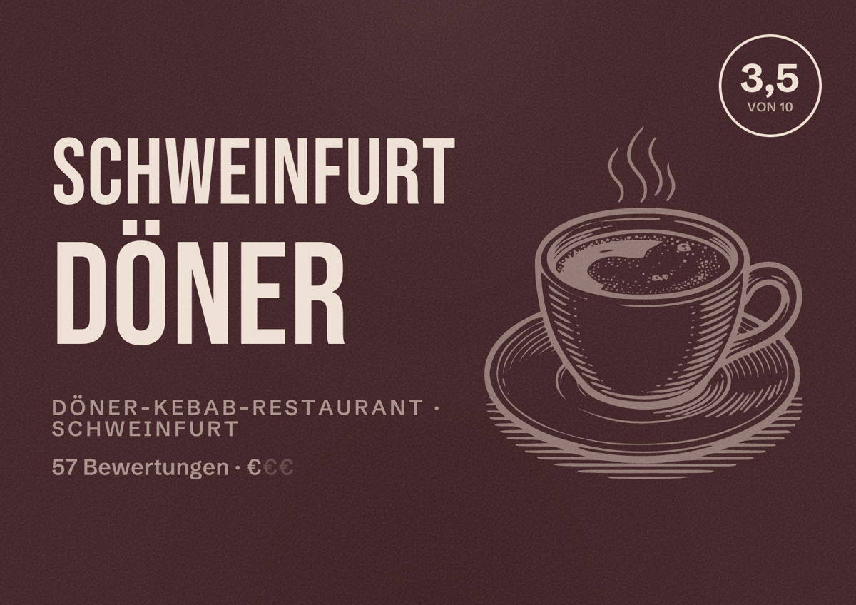 Illustriertes Poster von Schweinfurt Döner, Döner-Kebab-Restaurant in Schweinfurt: Bewertung 3,5 von 10 aus 57 Bewertungen, Preisniveau €